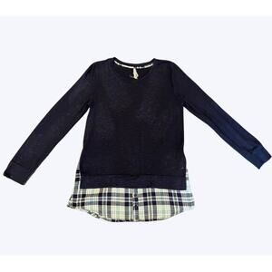 WallFlower Women's Made with Love Knit Sweater Plaid Size Medium Navy